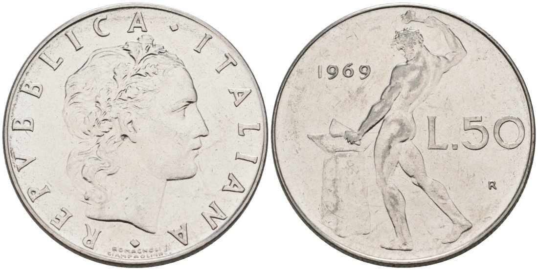 Италия 50 лир 1969 R, Бог огня Вулкан у наковальни KM 95.1 нержавеющая сталь 4571-524