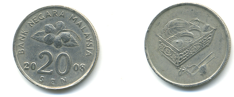 Малайзия 20 сенов 2008 цветок KM 52 медно-никель 176-1023