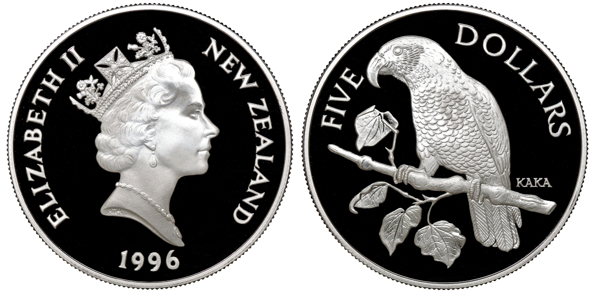 Новая Зеландия 5 долларов 1996 попугай кака KM 97 a серебро PROOF 4-3-4-41