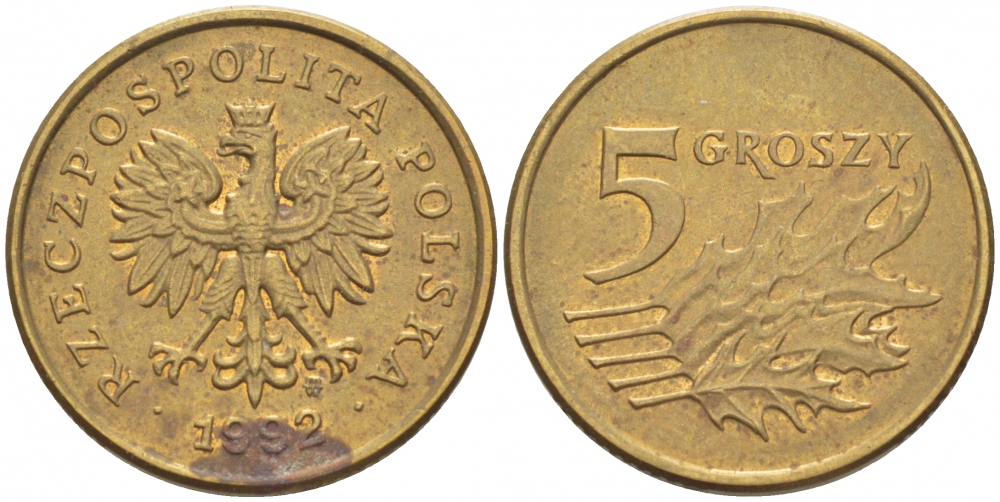 Польша 5 грошей 1992 MW KM 278 латунь 112-1163