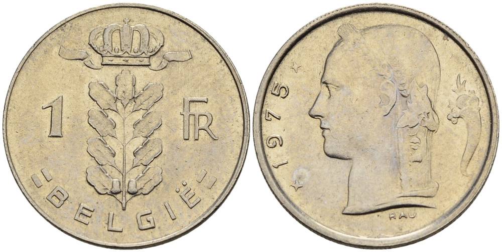 Бельгия 1 франк 1975 Belgie, Бодуэн I (1951-1993) KM 143.1 медно-никель 4546-423