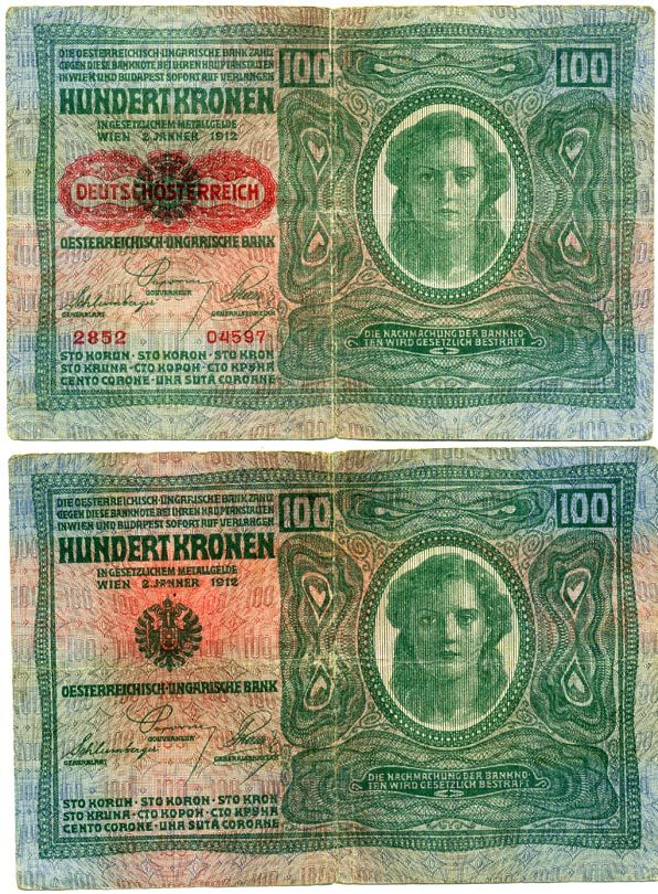 Австрия 100 крон 1912 (1919) красная надпечатка на Pick 12, на аверсе Pick 56 a бумага 2192-80-2