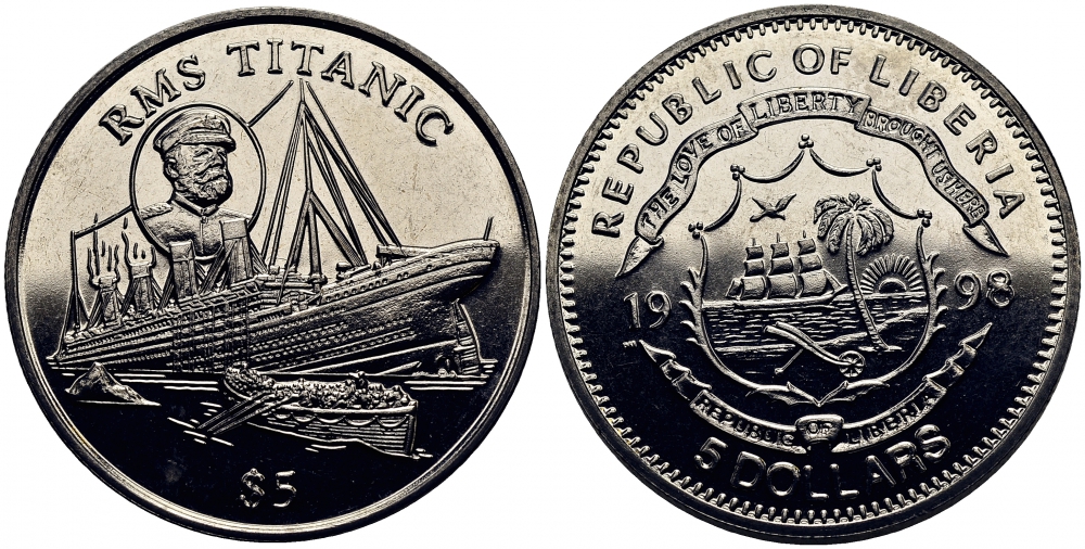 Либерия 5 долларов 1998 гибель Титаника КМ 363 медно-никель UNC 4386-523