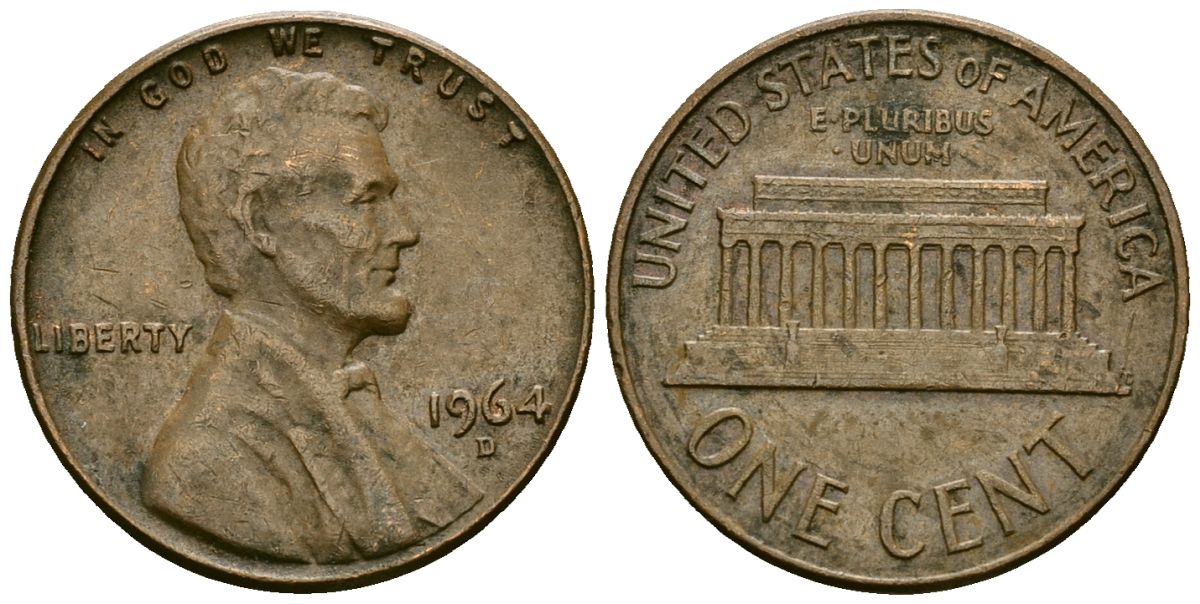 США 1 цент 1964 D, Линкольн KM 201 медь цинк 4136-123