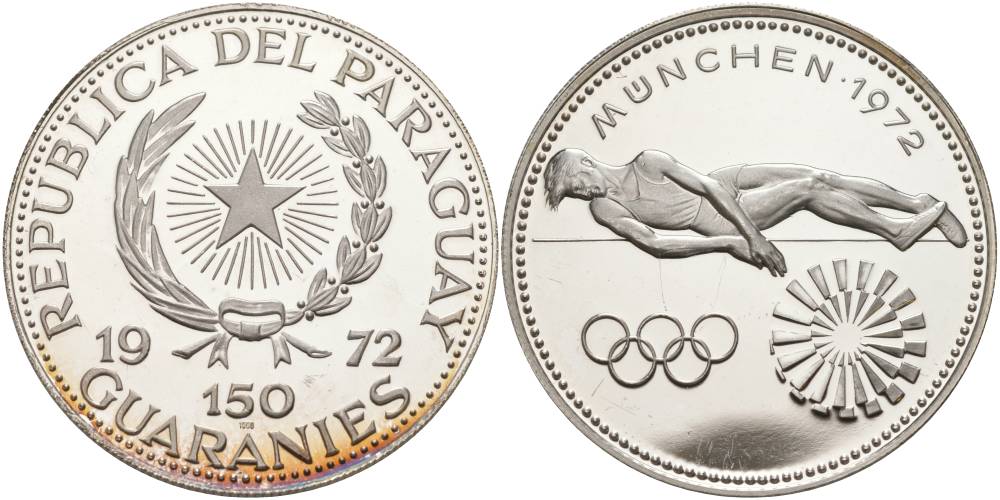 Парагвай 150 гуарани 1972 XX летние Олимпийские Игры, Мюнхен 1972, прыжки в высоту KM 36 серебро PROOF 01-172-11
