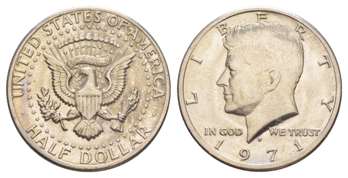 США 1/2 доллара (50 центов) 1971 D, Джон Кеннеди KM 202b медь плакированная медно-никелем aUNC 114-146