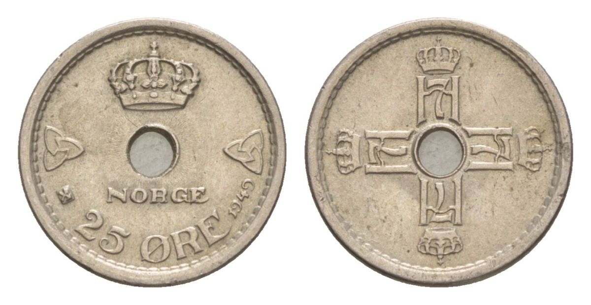 Норвегия 25 эре 1949 Хокон VII (1905-1957) KM 384 медно-никель UNC 4632-1225