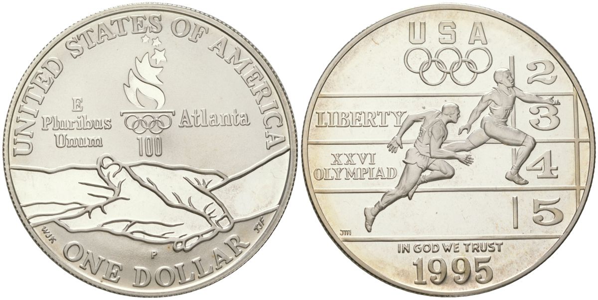 США 1 доллар 1995 Р, XXVI Олимпийские игры в Атланте, легкая атлетика KM 264 серебро PROOF 11-345-15