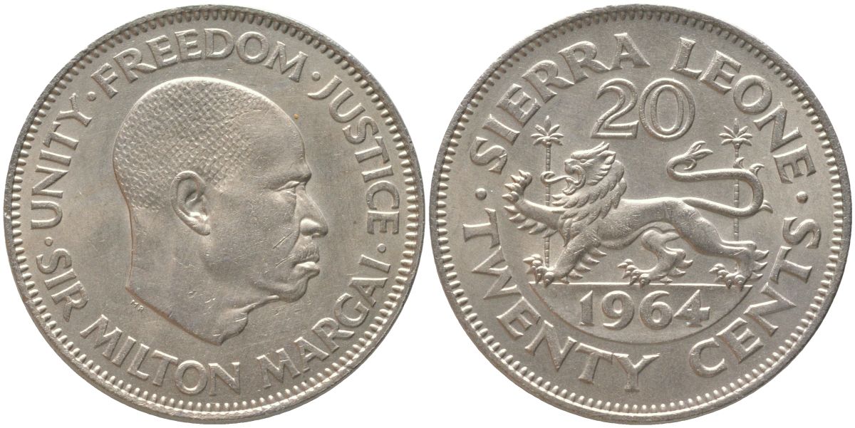 Сьерра-Леоне 20 центов 1964 Милтон Маргаи KM 20 медно-никель UNC 73-313