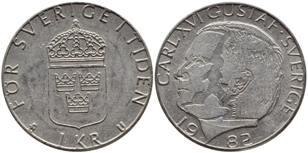 Швеция 1 крона 1982 Карл XVI Густав (1973- ) KM 852a медно-никель 4397-1055