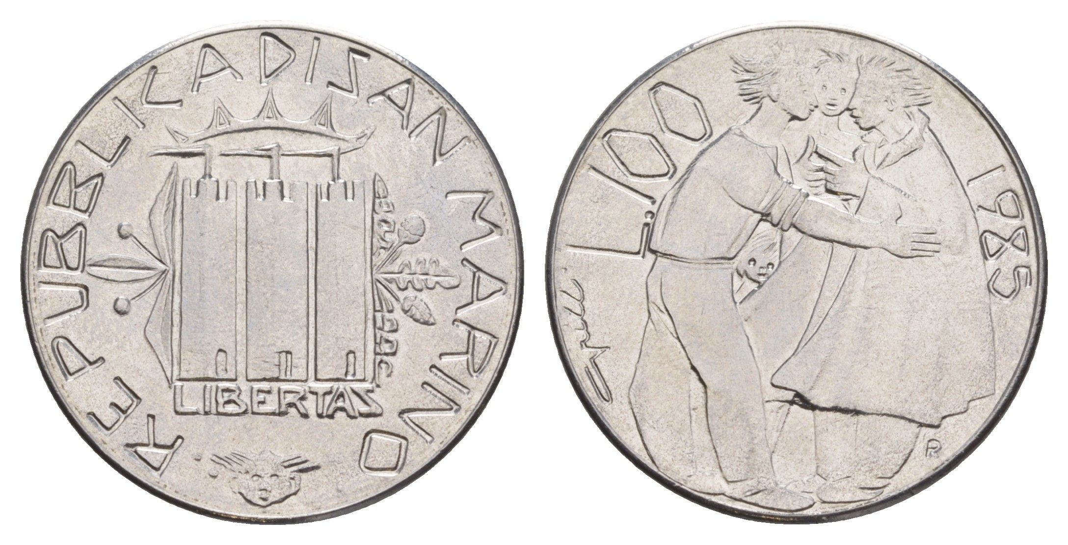 Сан-Марино 100 лир 1985 Борьба с наркотиками KM 179 нержавеющая сталь UNC 4648-313