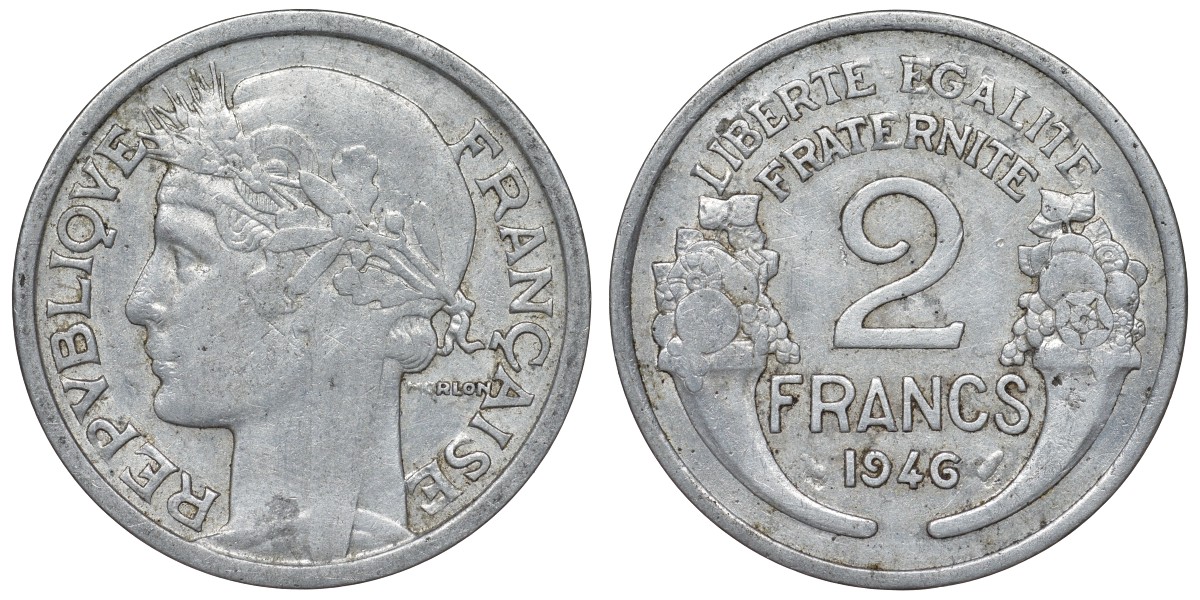 Франция 2 франка 1946 KM 886а.1, Le Franc 269.8 алюминий 4123-341