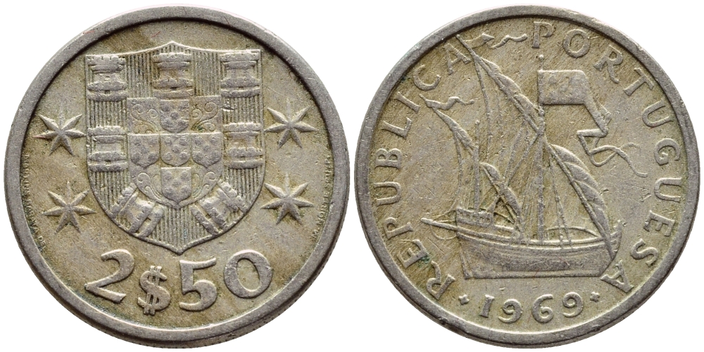 ПОРТУГАЛИЯ 2,5 ЭСКУДО 1969 KM 590 медно-никель 4396-141