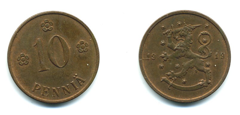 Финляндия 10 пенни 1919 KM 24 медь 37-234