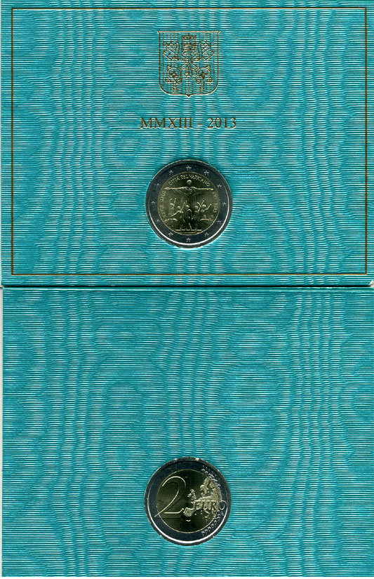 ВАТИКАН 2 ЕВРО 2013 XXVIII ВСЕМИРНЫЙ ДЕНЬ МОЛОДЕЖИ, в оригинальном блистере KM биметалл UNC 4-3-4-4