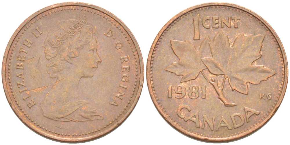 Канада 1 цент 1981 Елизавета II (1952-2022), кленовый лист KM 127 бронза 75-1434