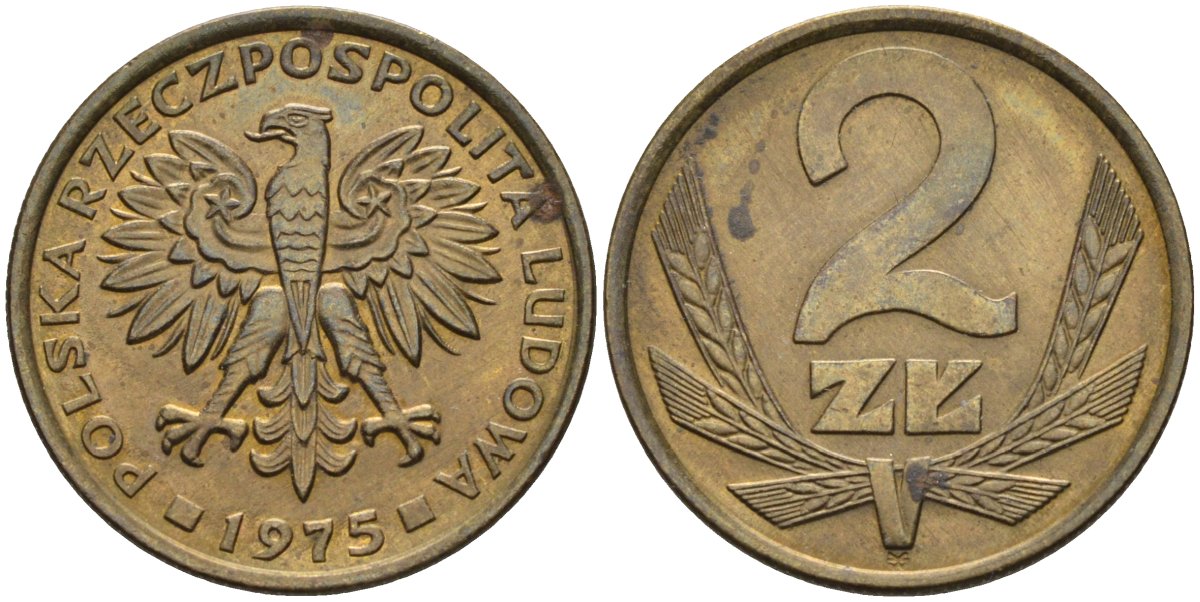 Польша 2 злотых 1975 монетный двор Ленинград (ЛМД) KM 80.1, Parchimowicz 217a латунь 4580-729