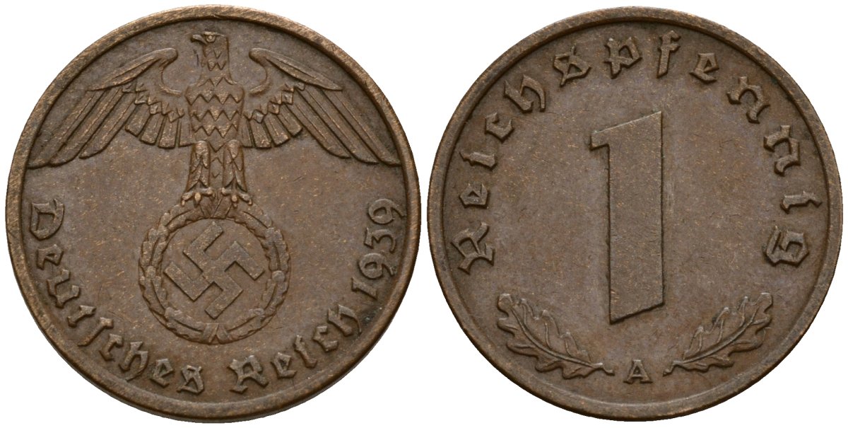 Германия 1 рейхспфенниг 1939 A KM 89, J. 361 бронза 4189-821