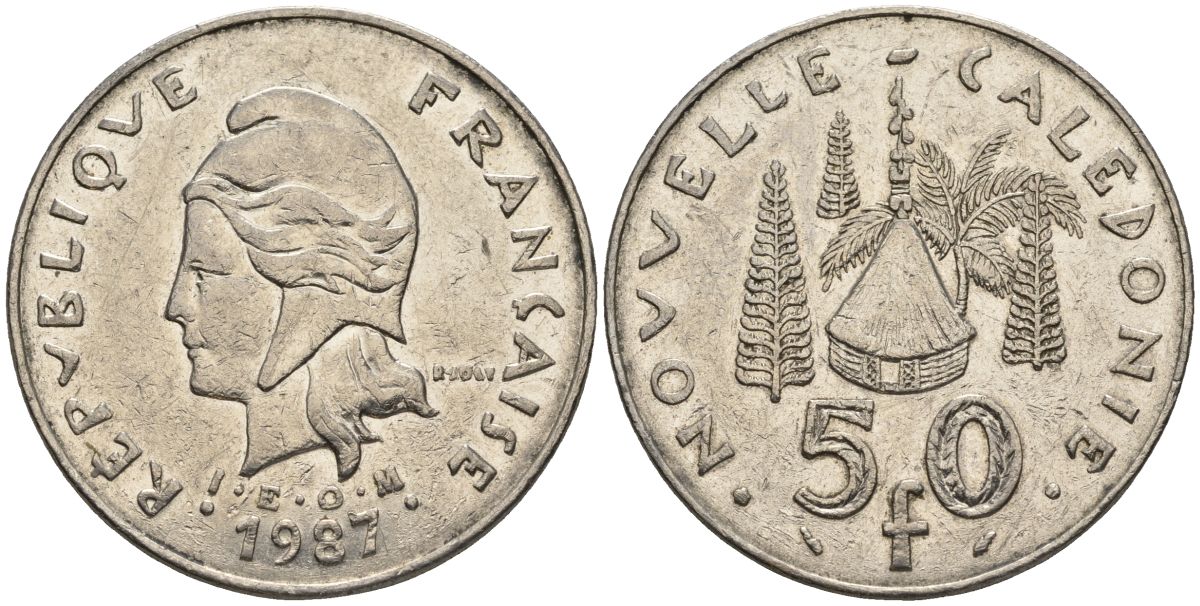 Французская Новая Каледония 50 франков 1987 хижина среди сосен и пальм, (IEOM) KM 13, Schoen 15, Lec 121 никель 4120-714