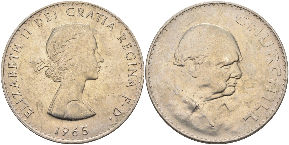 Великобритания 1 крона (5 шиллингов) 1965 Уинстон Черчилль, Елизавета II (1952-2022), в оригинальной пластиковой коробке KM 910, Spink 4144 медно-никель UNC 00-00
