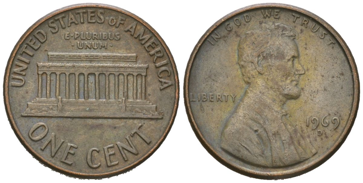 США 1 цент 1969 D, Авраам Линкольн  KM 201 медь цинк 220-846