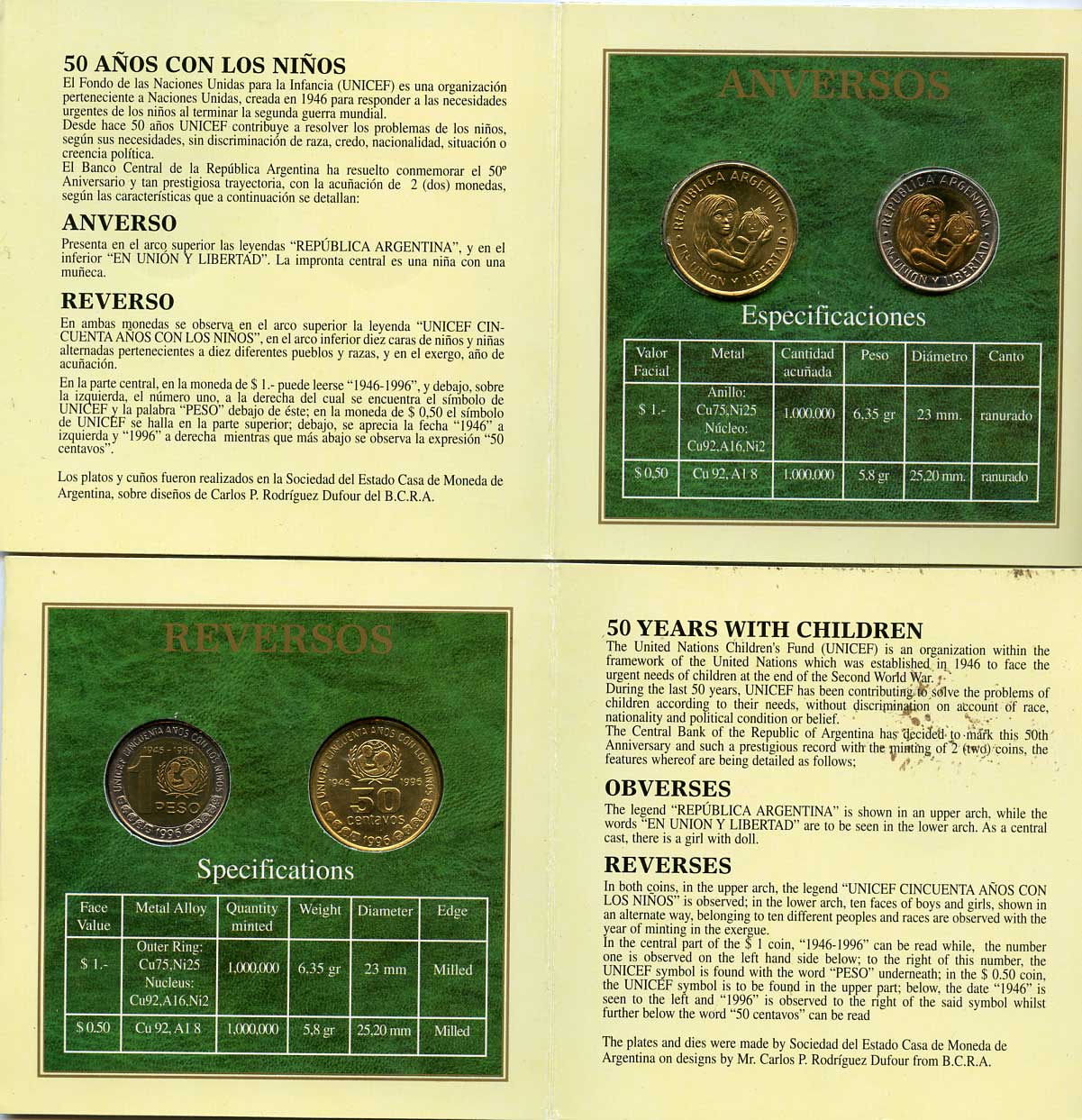 Аргентина набор из 2 монет 1996 50 лет UNICEF (1946-1996), в оригинальном блистере KM 119, 120 биметалл  UNC  3-6-6-29
