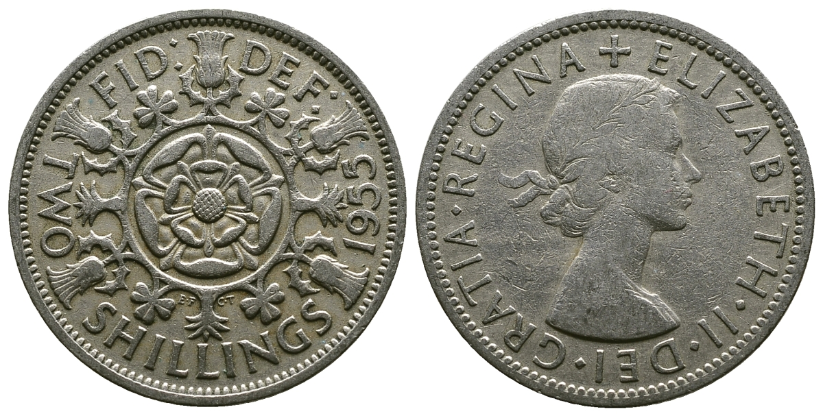 Великобритания 2 шиллинга (флорин) 1955 Елизавета II (1952-2022) KM 906, Spink 4146 медно-никель 4607-911