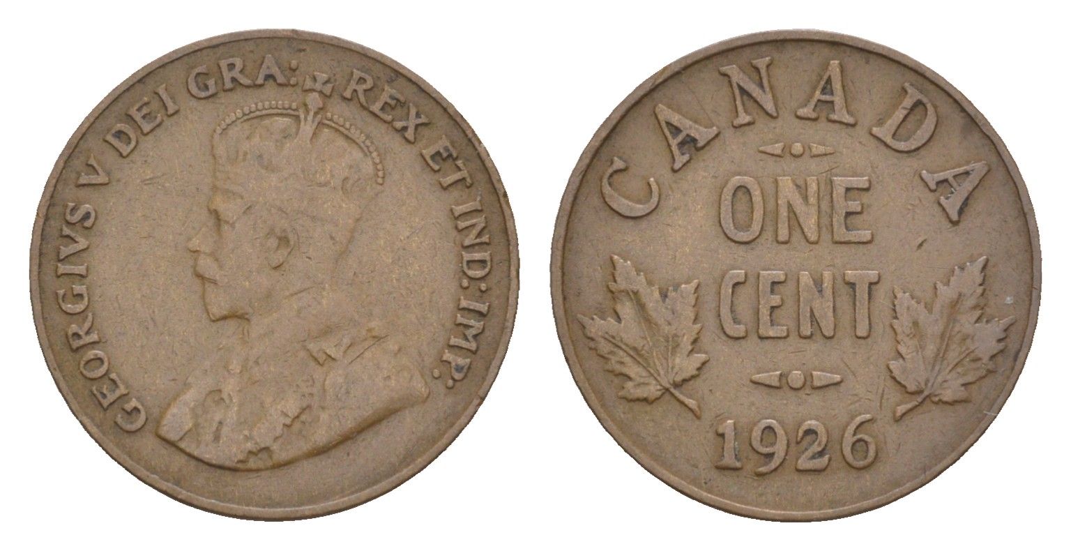 Канада 1 цент 1926 Георг V (1910-1936), редкий год - 2.143.372 экземпляров KM 28 бронза 4655-436