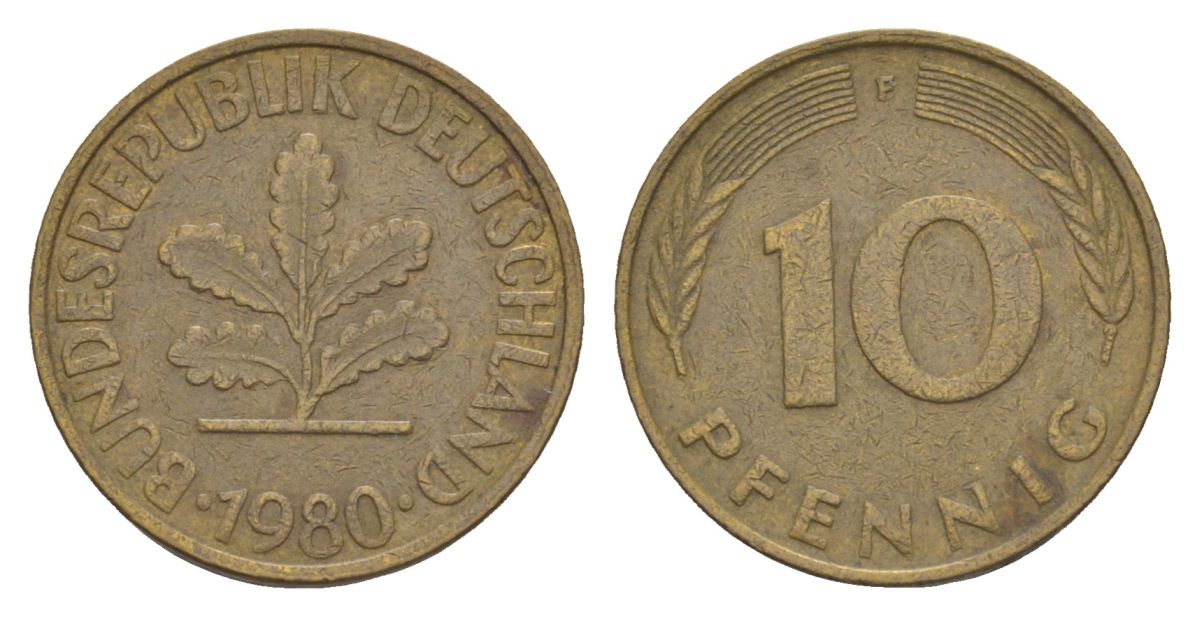 ФРГ 10 пфеннигов 1980 F KM 108, J. 383 сталь плакированная латунью 4630-1268