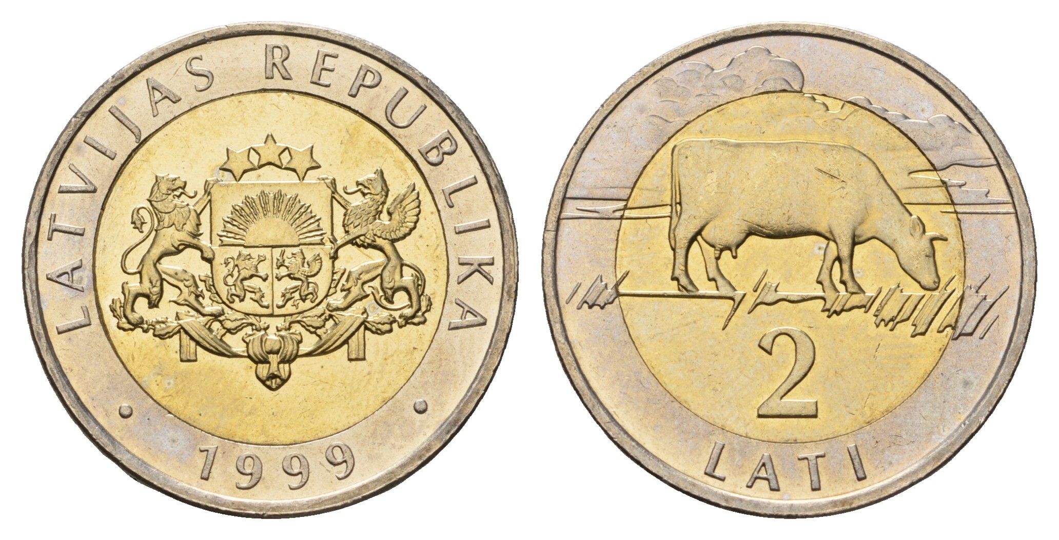 Латвия 2 лата 1999 корова KM 38 биметалл UNC 4652-842