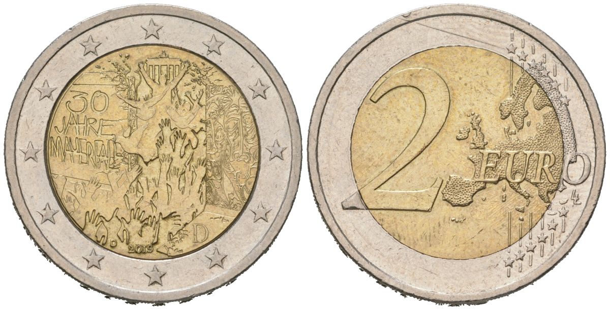 Германия 2 евро 2019 D, 30 лет падению Берлинской стены KM 429 биметалл 3334-243