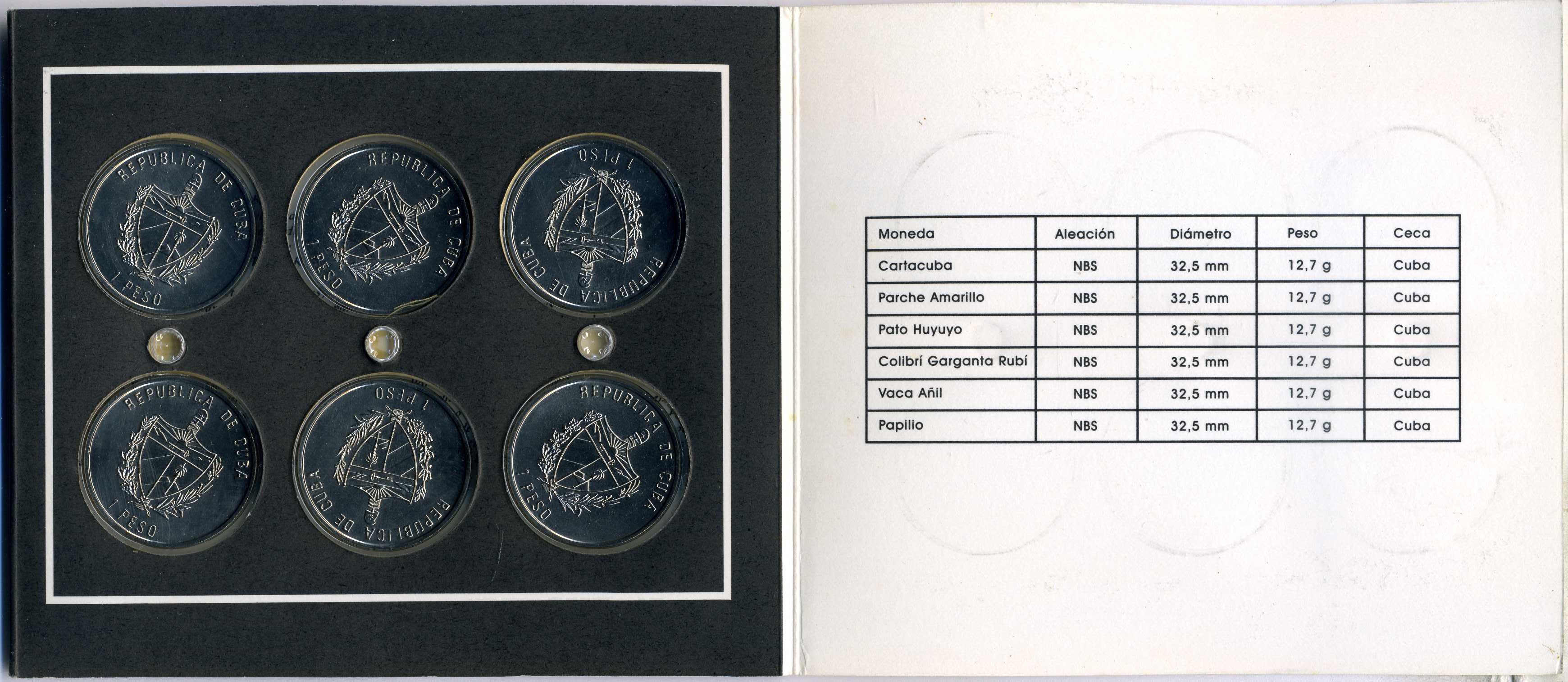 Куба набор из 6 монет по 1 песо 1996 серия карибская фауна эмаль KM 549, 550, 551, 552. 562, 565 UNC 7-5-1-12