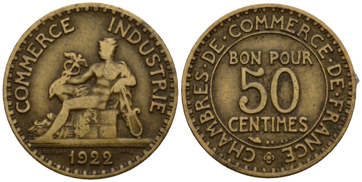 Франция 50 сантимов 1922 тип Chambre de Commerce KM 884, Le Franc 191.5 алюминиевая бронза 4602-162