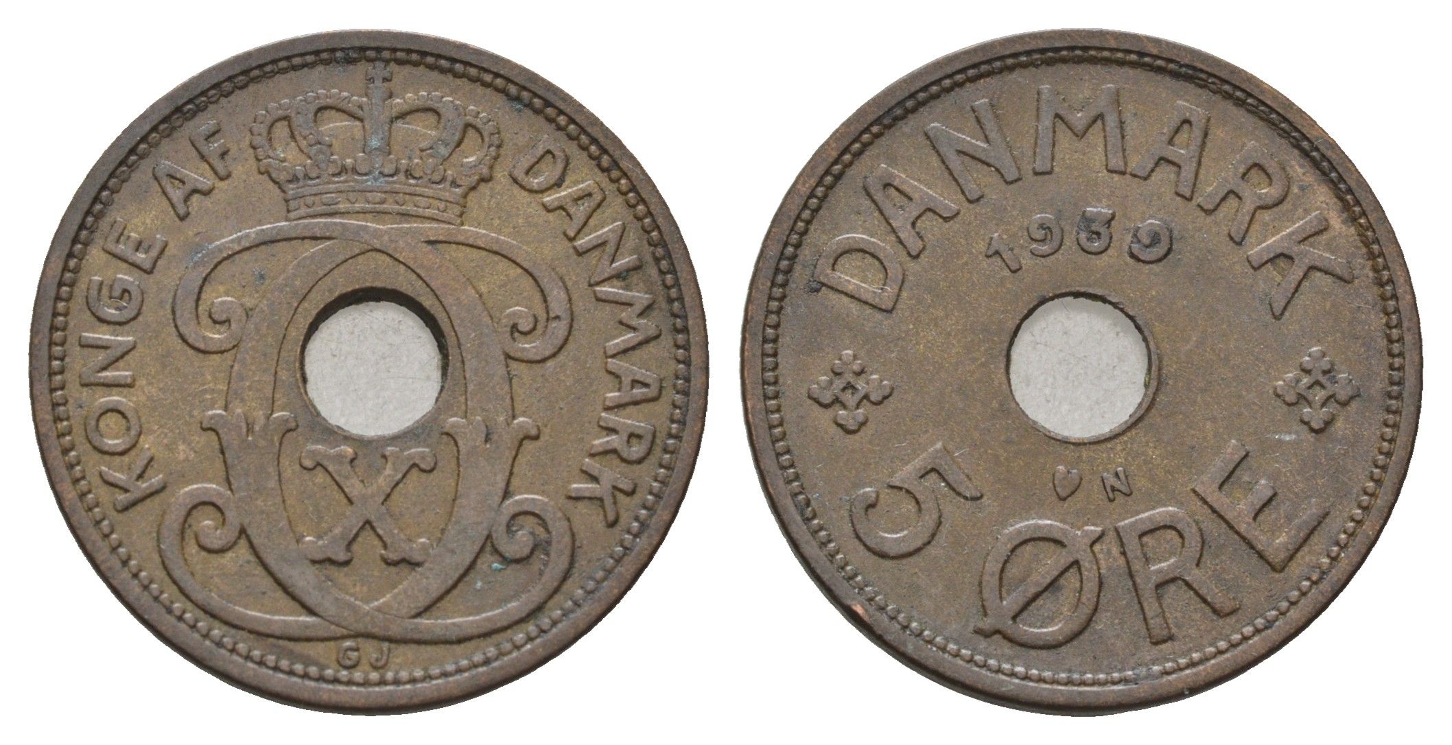 Дания 5 эре 1939 N, Кристиан X (1912-1947) KM 828 бронза 4700-845