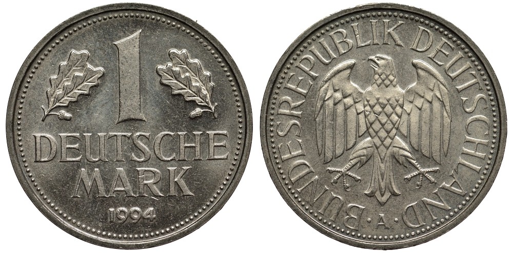 ФРГ 1 марка 1994 А, монетный двор Берлин KM 110, J.385 медно-никель 186-836