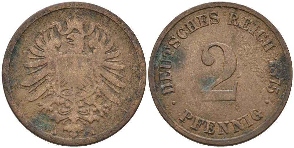 Германия 2 пфеннига 1875 A, старогербовка KM 2, J. 2 медь 4575-626