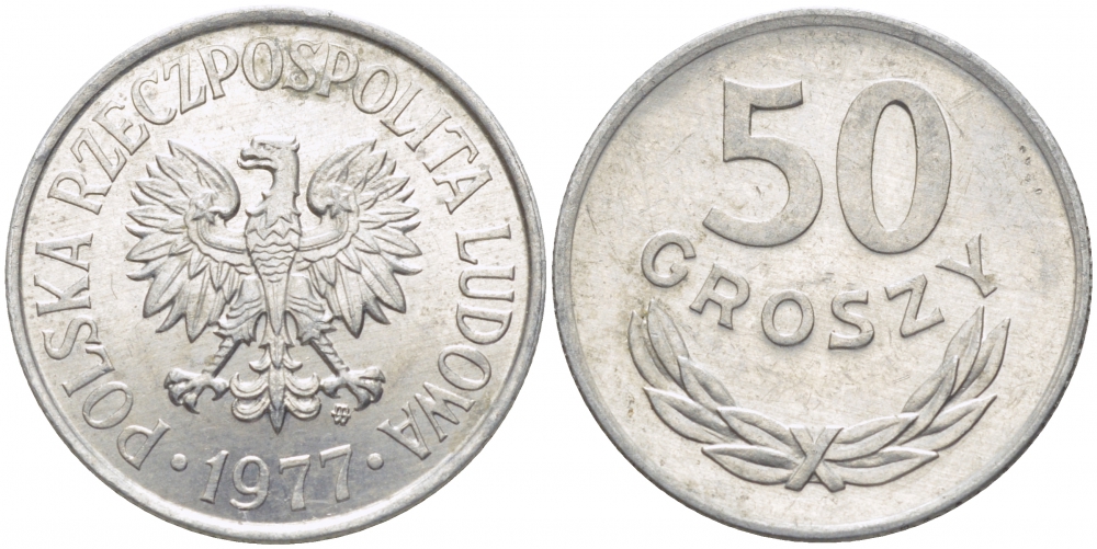 ПОЛЬША 50 ГРОШЕЙ 1977 MW KM 48.1 алюминий UNC 4448-542
