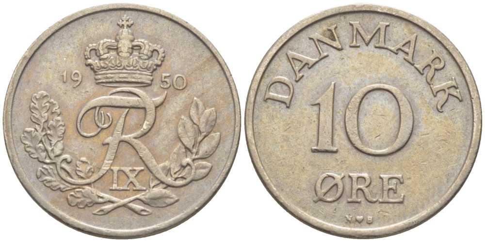 ДАНИЯ 10 ЭРЕ 1950 N;S, ФРЕДЕРИК IX (1947-1972)KM 841,1 медно-никель 201-1211