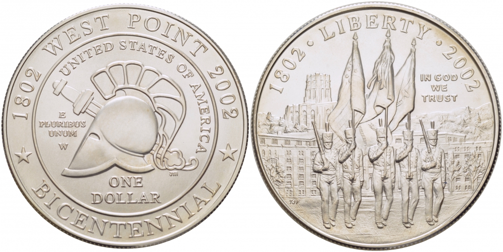 США 1 доллар 2002 W, 200 лет военной академии в Вест Поинте KM 338 серебро UNC 1077-2-24