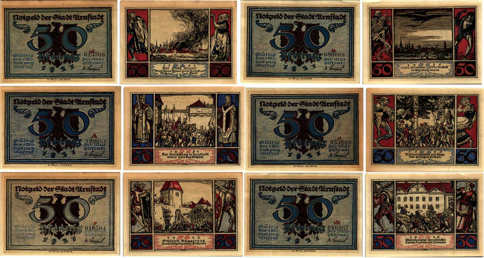 АРНШТАДТ НАБОР ИЗ 6 БАНКНОТ ПО 50 ПФЕННИГОВ 1921 НОТГЕЛЬД, ПОЛНЫЙ КОМПЛЕКТ, ЗЕМЛЯ ТЮРИНГИЯ Grabowski 43.3 бумага 6318-46-1-2