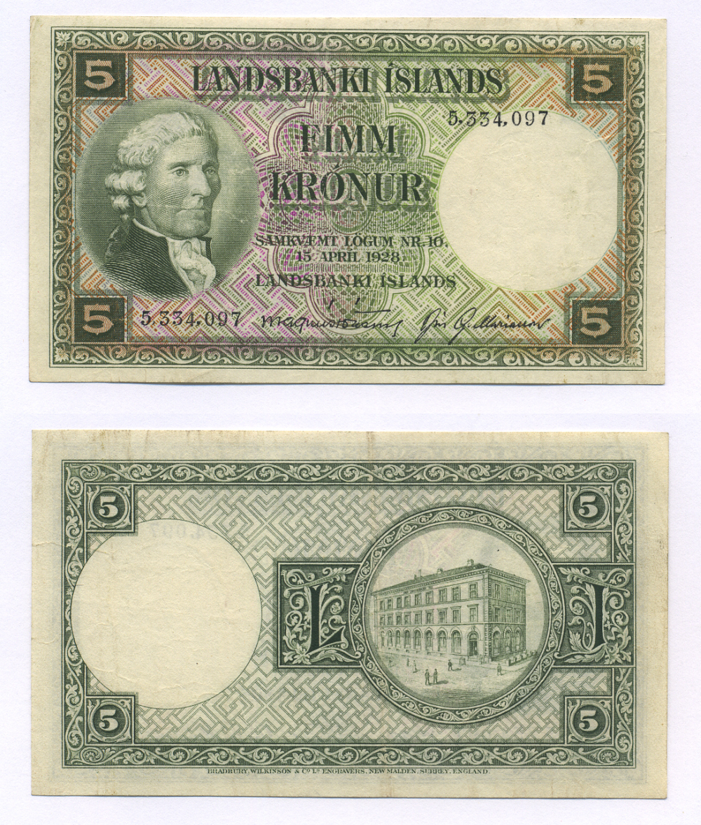 Исландия 5 крон 1928 без серии, подпись 9, Йон Эйриксон Pick 32 а (4) бумага 7553-30-1-1