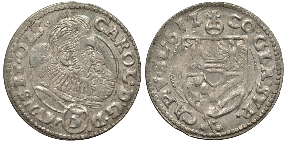 Силезия, Мюнстерберг, Олесница грошен (3 крейцера) 1612 Карл II серебро 413-922