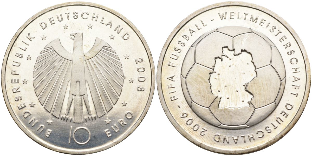 ФРГ 10 евро 2003 чемпионат мира по футболу 2006 года в Германии, первая монета KM 223, DE.S. 10.8 серебро PROOF 02-012-23