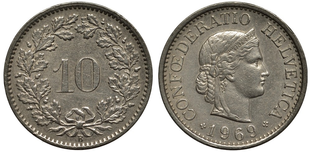 Швейцария 10 раппенов 1969 В KM 27 медно-никель 186-912