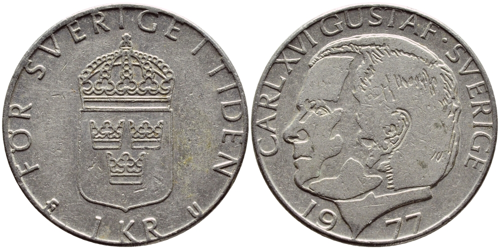 Швеция 1 крона 1977 Карл XVI Густав (1973- ) KM 852 медь плакированная медно-никелем 4397-844
