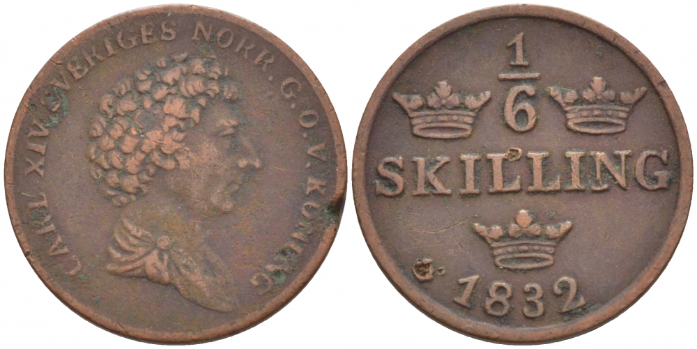 Швеция 1/6 скиллинга 1832 Карл XIV Юхан (1818-1844) KM 635 (434) медь 175-1043