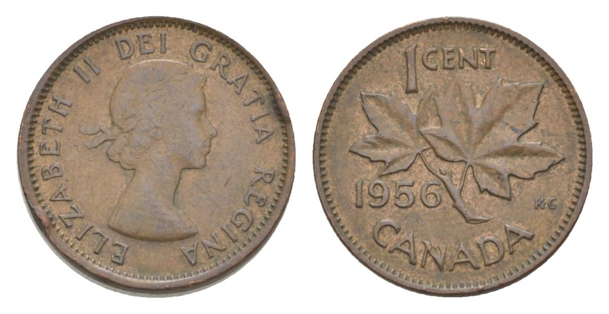 Канада 1 цент 1956 Елизавета II (1952-2022), кленовый лист KM 49 бронза 4630-532