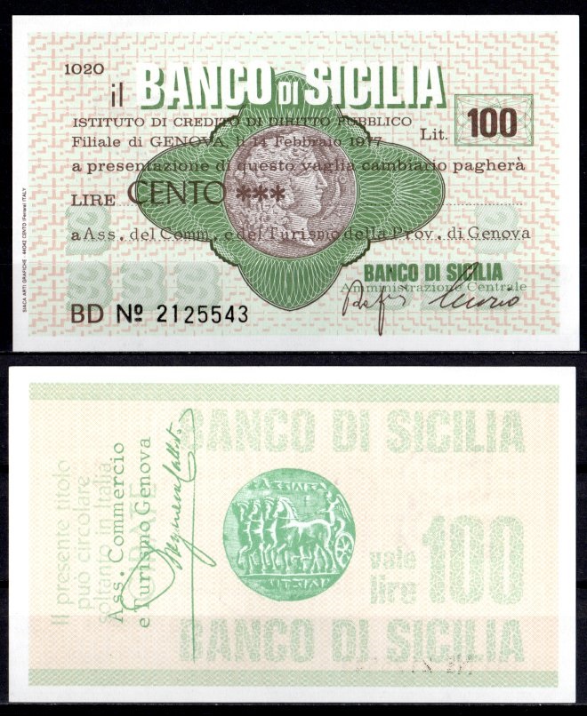 Италия 100 лир 1977 банковский чек - Banco di Sicilia бумага UNC (пресс) 7201-3-2