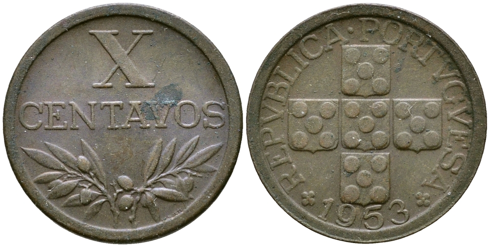 ПОРТУГАЛИЯ 10 СЕНТАВО 1953 KM 583 бронза 4387-356