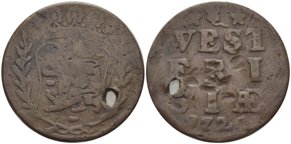 НИДЕРЛАНДЫ, ЗАПАДНАЯ ФРИЗИЯ 1 ДУИТ 1720 WEST FRISIAE KM 100 медь 73-1641